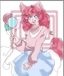 Size: 591x700 | Tagged: safe, artist:tobyw3ird, imported from derpibooru, pinkie pie, human, alternate hairstyle, balloon, clothes, cute, diapinkes, eared humanization, female, humanized, open mouth, shirt, skirt, solo, tail, tailed humanization