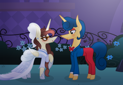 Size: 2376x1650 | Tagged: safe, artist:darbypop1, imported from derpibooru, oc, oc:darby, alicorn, pony, unicorn, bowtie, clothes, dress, female, mare, pants, ponified, suit, wally darling, welcome home