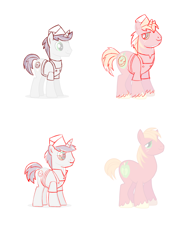 Size: 1000x1279 | Tagged: safe, artist:robin mitchell, imported from derpibooru, big macintosh, donut joe, written script, earth pony, pony, unicorn, concept art, monochrome, official, production art, simple background, white background