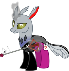 Size: 881x907 | Tagged: safe, artist:mariofan345, imported from derpibooru, oc, oc only, oc:dot matrix, changedling, changeling, changedling oc, changeling oc, disney, dreamworks face, glow, glowing horn, horn, keyblade, kingdom hearts, magic, magic aura, simple background, smiling, smirk, solo, telekinesis, transparent background, weapon