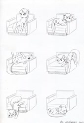 Size: 720x1057 | Tagged: source needed, safe, artist:el-yeguero, imported from derpibooru, lyra heartstrings, pony, unicorn, armchair, black and white, chair, female, grayscale, lying down, meme, monochrome, sitting, sitting lyra, sleeping, solo