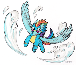 Size: 1211x1037 | Tagged: safe, artist:nothingspecialx9, imported from twibooru, rainbow dash, pegasus, pony, clothes, female, flying, goggles, image, mare, newbie artist training grounds, png, simple background, solo, traditional art, uniform, white background, wonderbolts uniform