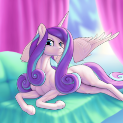 Size: 1500x1500 | Tagged: safe, artist:arareroll, edit, editor:pk perfect, princess flurry heart, alicorn, pony, blank flank, couch, female, looking at you, lying down, mare, muscles, older, older flurry heart, partially open wings, prone, solo, wings