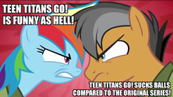 Size: 1024x578 | Tagged: safe, edit, edited screencap, imported from derpibooru, screencap, quibble pants, rainbow dash, earth pony, pegasus, pony, season 6, stranger than fan fiction, angry, argument, duo, female, impact font, looking at each other, looking at someone, male, mare, meme, stallion, teeth
