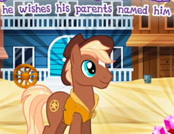 Size: 524x405 | Tagged: safe, imported from derpibooru, sheriff tumbleweed, earth pony, pony, clothes, gameloft, male, meme, my little pony: magic princess, official, stallion, text, vest, wow! glimmer