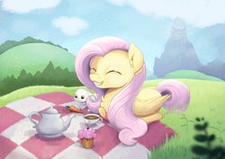 Size: 2970x2100 | Tagged: safe, artist:candy meow, imported from derpibooru, angel bunny, fluttershy, pegasus, pony, rabbit, ^^, animal, carrot, chest fluff, cup, cupcake, duo, eyes closed, female, food, herbivore, hill, male, mare, mountain, picnic, picnic blanket, scenery, smiling, teacup