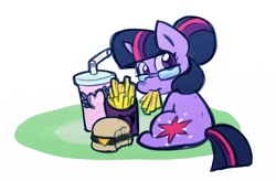 Size: 816x534 | Tagged: safe, artist:zutcha, imported from derpibooru, sci-twi, twilight sparkle, pony, unicorn, burger, cheeseburger, drink, eating, equestria girls ponified, female, food, french fries, hair bun, hamburger, looking at you, looking back, looking back at you, mare, meat, mouth hold, ponies eating meat, simple background, sitting, soda, solo, that pony sure does love burgers, twilight burgkle, unicorn sci-twi, white background