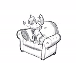 Size: 1914x1590 | Tagged: safe, artist:zutcha, imported from derpibooru, oc, oc only, pony, unicorn, black and white, couch, eyes closed, grayscale, heart, male, monochrome, simple background, sitting, smiling, solo, stallion, white background