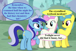 Size: 888x592 | Tagged: safe, edit, edited screencap, imported from derpibooru, screencap, lemon hearts, minuette, twinkleshine, pony, unicorn, amending fences, adorableshine, canterlot, cropped, cute, dialogue, implied twilight sparkle, lemonbetes, minubetes, noodle incident, princess celestia's school for gifted unicorns, speech bubble