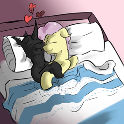 Size: 3000x3000 | Tagged: safe, artist:fumalunga, imported from derpibooru, oc, oc only, oc:cables, oc:coxa, changeling, pegasus, bed, blanket, changeling oc, cuddling, gay, heart, holding hooves, male, pegasus oc, pillow, smiling