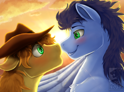 Size: 2732x2048 | Tagged: safe, artist:sursiq, imported from derpibooru, braeburn, soarin', earth pony, pegasus, pony, accessory, blue mane, blushing, boop, chest fluff, cloud, commission, couple, cowboy hat, cute, eye shimmer, floppy ears, fluffy, gay, green eyes, happy, hat, high res, lens flare, looking at each other, looking at someone, male, noseboop, orange mane, shading, shiny eyes, shipping, smiling, soarburn, stallion, sun, sunset, teeth, watermark, wings