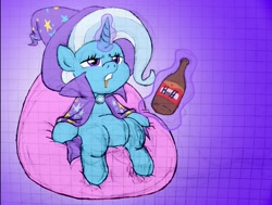 Size: 1430x1080 | Tagged: safe, imported from derpibooru, trixie, pony, unicorn, alcohol, beer, cape, clothes, drunk, graph paper, hat, magic, sitting, solo, telekinesis, the simpsons, trixie's cape, trixie's hat, vulgar