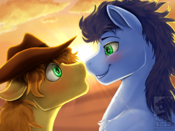 Size: 2732x2048 | Tagged: safe, alternate version, artist:sursiq, imported from derpibooru, braeburn, soarin', earth pony, pegasus, pony, accessory, blue mane, blushing, boop, chest fluff, cloud, commission, couple, cowboy hat, cute, eye shimmer, floppy ears, fluffy, gay, green eyes, happy, hat, high res, lens flare, looking at each other, looking at someone, male, noseboop, orange mane, shading, shiny eyes, shipping, smiling, soarburn, stallion, sun, sunset, teeth, watermark