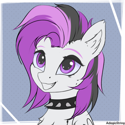 Size: 2000x2000 | Tagged: safe, artist:adagiostring, imported from derpibooru, oc, oc only, oc:moonstone, bat pony, pony, bat pony oc, bust, chest fluff, choker, ear fluff, eyeshadow, makeup, smiling, spiked choker