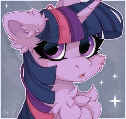 Size: 1260x1190 | Tagged: safe, artist:vird-gi, imported from derpibooru, twilight sparkle, pony, unicorn, bust, chest fluff, ear fluff, eye clipping through hair, eyebrows, eyebrows visible through hair, fluffy, looking at you, open mouth, solo, sparkles