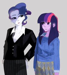 Size: 1953x2175 | Tagged: safe, artist:aztrial, imported from derpibooru, rarity, twilight sparkle, human, equestria girls, alternate hairstyle, alternate universe, clothes, crossover, duo, ear piercing, earring, female, jewelry, lipstick, makeup, parody, piercing, shirt, skirt, suit, sweater, the devil wears prada