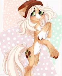 Size: 1260x1540 | Tagged: safe, artist:vird-gi, imported from derpibooru, oc, oc only, earth pony, pony, beanie, chest fluff, coat markings, dappled, eye clipping through hair, eyebrows, eyebrows visible through hair, hat, looking at you, solo, unshorn fetlocks