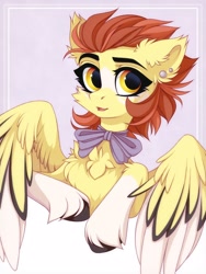 Size: 1200x1600 | Tagged: safe, artist:vird-gi, imported from derpibooru, oc, oc only, oc:sun burst, pegasus, pony, bow, bowtie, colored wings, colored wingtips, ear piercing, earring, jewelry, looking at you, piercing, smiling, solo, spread wings, unshorn fetlocks, wings
