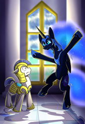 Size: 2275x3325 | Tagged: safe, artist:littletigressda, imported from derpibooru, nightmare moon, alicorn, earth pony, pony, bipedal, confused, duo, female, floppy ears, folded wings, frown, helmet, high res, looking at each other, looking at someone, majestic as fuck, male, mare, peytral, royal guard, stallion, wings