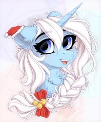 Size: 1290x1555 | Tagged: safe, artist:vird-gi, imported from derpibooru, oc, oc only, oc:eula phi, pony, unicorn, bow, bust, chest fluff, christmas, ear fluff, eye clipping through hair, eyebrows, eyebrows visible through hair, hair bow, hat, holiday, looking at you, open mouth, open smile, santa hat, smiling, solo