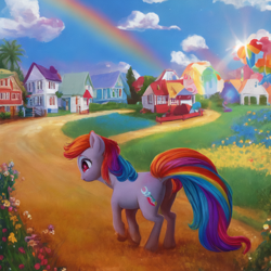 Size: 768x768 | Tagged: safe, derpibooru exclusive, imported from derpibooru, oc, oc only, earth pony, pony, ai content, ai generated, butt, earth pony oc, flower, generator:stable diffusion, plot, prompt in description, prompter:sweetai belle, rainbow, road, solo, town