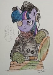 Size: 1463x2048 | Tagged: safe, artist:daisymane, imported from derpibooru, twilight sparkle, pony, unicorn, clothes, dialogue, eyepatch, female, grayscale, japanese, mare, monochrome, pencil drawing, solo, traditional art, unicorn twilight, uniform, watercolor painting