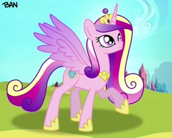 Size: 1476x1188 | Tagged: safe, artist:banquo0, imported from derpibooru, princess cadance, alicorn, pony, crown, crystal empire, female, jewelry, mare, raised hoof, regalia, solo, spread wings, wings