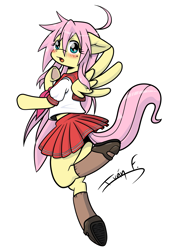 Size: 3508x4961 | Tagged: safe, alternate version, artist:memprices, imported from derpibooru, fluttershy, pegasus, semi-anthro, blushing, clothes, colored, cosplay, costume, crossover, cute, female, high res, izumi konata, jumping, looking at you, lucky star, mare, otakushy, raised tail, sailor uniform, school uniform, shoes, shyabetes, simple background, simple shading, skirt, socks, solo, spread wings, tail, uniform, white background, wings