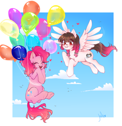 Size: 1810x1860 | Tagged: safe, artist:julieee3e, imported from derpibooru, pinkie pie, oc, oc:arwencuack, earth pony, pegasus, advertisement, balloon, bandaid, bandaid on nose, commission, commission info, cute, emanata, eyes closed, floating, floating heart, flying, heart, heart eyes, open mouth, passepartout, sky background, solo, then watch her balloons lift her up to the sky, wingding eyes