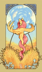 Size: 2320x3970 | Tagged: safe, artist:isaspsp, artist:laps-sp, imported from derpibooru, fluttershy, pegasus, pony, eyes closed, female, flying, high res, mare, modern art, nouveau, rear view, sky, smiling, solo, spread wings, wings