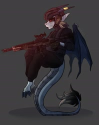 Size: 1756x2220 | Tagged: safe, artist:mirage, imported from derpibooru, oc, oc only, anthro, dracony, dragon, hybrid, commission, dragon oc, female, gun, non-pony oc, soldier, soldier pony, solo, weapon