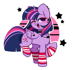 Size: 3032x2851 | Tagged: safe, artist:kittyrosie, imported from derpibooru, twilight sparkle, alicorn, pony, clothes, cute, goth, jewelry, leg warmers, necklace, one eye closed, open mouth, simple background, solo, twiabetes, twilight sparkle (alicorn), white background