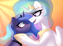 Size: 2160x1567 | Tagged: safe, artist:rtootb, imported from derpibooru, princess celestia, princess luna, alicorn, pony, blue eyes, blue mane, blushing, comforting, crown, digital art, duo, duo female, ethereal mane, eyelashes, feather, female, flowing mane, folded wings, gem, high res, hoof shoes, horn, incest, jewelry, lesbian, lidded eyes, looking at each other, looking at someone, mare, open mouth, open smile, orange background, pink eyes, princest, regalia, royal sisters, shipping, siblings, simple background, sisters, smiling, smiling at each other, starry mane, sunlight, wings