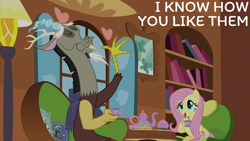 Size: 2000x1125 | Tagged: safe, edit, edited screencap, editor:quoterific, imported from derpibooru, screencap, discord, fluttershy, draconequus, pegasus, pony, discordant harmony, duo, female, fluttershy's cottage, male, mare