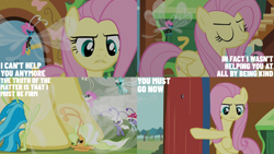 Size: 2000x1125 | Tagged: safe, edit, edited screencap, editor:quoterific, imported from derpibooru, screencap, breezette, fluttershy, seabreeze, breezie, pegasus, pony, it ain't easy being breezies, female, fluttershy's cottage, mare