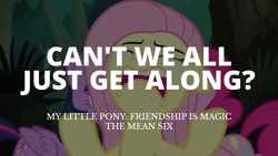 Size: 1920x1080 | Tagged: safe, edit, edited screencap, editor:quoterific, imported from derpibooru, screencap, fluttershy, pinkie pie, twilight sparkle, alicorn, earth pony, pegasus, pony, the mean 6, crying, dialogue, eyes closed, quote, raised hooves, rodney king, twilight sparkle (alicorn)