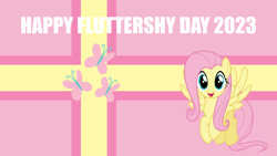 Size: 4400x2475 | Tagged: safe, editor:quoterific, imported from derpibooru, fluttershy, pegasus, pony, 2023, cutie mark, female, flag, fluttershy day, mare, solo, wallpaper