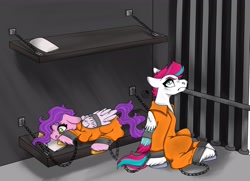Size: 3529x2561 | Tagged: safe, artist:doodlebugge, imported from derpibooru, pipp petals, zipp storm, pegasus, pony, bed, bound wings, clothes, commissioner:rainbowdash69, cuffs, duo, female, frustrated, g5, jail, jail cell, jumpsuit, never doubt rainbowdash69's involvement, pillow, prison, prison outfit, royal sisters (g5), sad, shackles, siblings, sisters, wing cuffs, wings