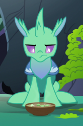 Size: 474x720 | Tagged: safe, imported from derpibooru, screencap, soupling, changedling, changeling, to change a changeling, changeling food, cropped, food, looking down, male, narrowed eyes, solo, soup, unamused