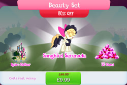 Size: 1268x857 | Tagged: safe, imported from derpibooru, songbird serenade, pegasus, pony, my little pony: the movie, bow, bundle, bush, clothes, costs real money, electric guitar, english, female, folded wings, gameloft, gem, guitar, hair bow, mare, mobile game, musical instrument, my little pony: magic princess, numbers, official, sale, shirt, solo, text, wings