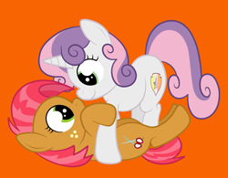 Size: 2870x2233 | Tagged: safe, artist:squipycheetah, imported from derpibooru, babs seed, sweetie belle, earth pony, pony, unicorn, alternate cutie mark, babsbelle, female, filly, foal, happy, lesbian, orange background, shipping, simple background, smiling