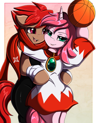 Size: 1446x1814 | Tagged: safe, artist:pridark, imported from derpibooru, oc, oc only, oc:blitz drive, oc:diamond stellar, earth pony, semi-anthro, unicorn, basketball, clothes, commission, duo, female, final fantasy, hoodie, jewelry, lipstick, male, oc x oc, scarf, shipping, simple background, sports, straight, white mage