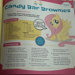 Size: 1024x1024 | Tagged: safe, imported from derpibooru, fluttershy, pegasus, pony, my little pony baking book, brownies, candy, cupcake, food, ingredients, irl, photo, recipe, sitting, talking to viewer