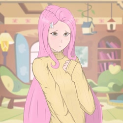 Size: 2000x2000 | Tagged: safe, artist:theapplequeen1, imported from derpibooru, fluttershy, human, clothes, fluttershy's cottage, humanized, sweater, sweatershy