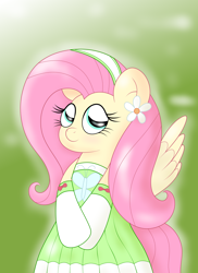 Size: 2550x3509 | Tagged: safe, artist:sparkfler85, derpibooru exclusive, imported from derpibooru, fluttershy, pegasus, pony, beautiful, clothes, cute, dress, female, flower, flower in hair, gloves, headband, mare, shyabetes, simple background, solo