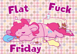 Size: 7016x4961 | Tagged: safe, artist:cutepencilcase, imported from derpibooru, pinkie pie, earth pony, pony, abstract background, balloon, cake, candle, eyes closed, flat, flat fuck friday, flop, food, friday, lying down, prone, solo, sploot, tongue out, vulgar