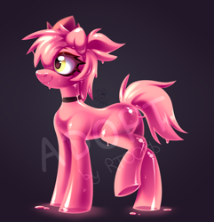 Size: 2700x2800 | Tagged: safe, artist:rtootb, imported from derpibooru, oc, earth pony, goo, goo pony, original species, pony, adoptable, advertisement, character design, collar, cute, fangs, female, for sale, happy, link in description, looking at something, looking away, mare, monochrome, one eye closed, original character do not steal, pink mane, ponytail, raised hoof, reference sheet, simple background, slime, slimy, smiling, solo, yellow eyes