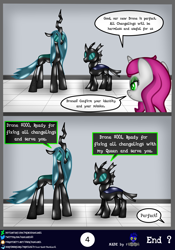 Size: 2560x3654 | Tagged: safe, artist:damlanil, imported from derpibooru, queen chrysalis, oc, oc:peony, changeling, goo, latex pony, original species, pony, unicorn, comic:new conversion strategy, bdsm, bondage, close-up, clothes, comic, commission, damlanil's lab, encasement, female, horn, laboratory, latex, living latex, male, mare, mask, mind control, restrained, rubber, rubber drone, rubber suit, shiny, shiny mane, show accurate, speech bubble, standing, text, transformation, vector, wings