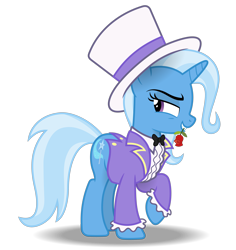 Size: 5000x5300 | Tagged: safe, alternate version, artist:gypsykumquat, derpibooru exclusive, imported from derpibooru, trixie, pony, unicorn, .svg available, clothes, female, flower, flower in mouth, hat, inkscape, magician, magician outfit, mouth hold, raised hoof, rose, rose in mouth, seductive, show accurate, simple background, solo, transparent background, vector