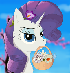 Size: 6678x6888 | Tagged: safe, artist:raritymylove, imported from derpibooru, rarity, pony, unicorn, basket, chest fluff, ear fluff, eyebrows, eyeshadow, flower, flower in hair, looking at you, makeup, mouth hold, raised eyebrow, solo, spring, tree